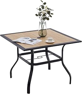 Patio Dining Table for 4, Outdoor Square Bistro Table with Umbrella Hole, Wrought Iron Metal Frame and Wood Grain Tabletop, Natural