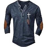 Christian Shirts for Men Jesus Faith Cross American Flag Graphic Henley Shirt Religous Long Sleeve Pullover Tops