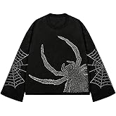 SOLY HUX Men's Y2k Graphic Tees Gothic Sparkly Rhinestone Long Sleeve Crewneck T Shirt Streetwear Tops