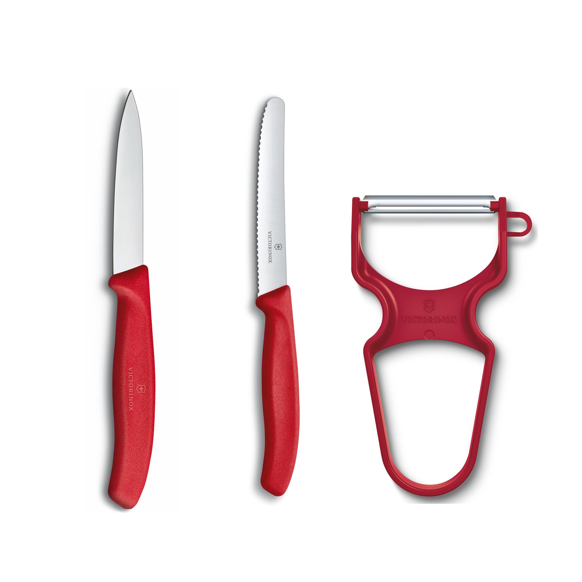 Victorinox Swiss Classic Gemüsemesser-Set, 3-teilig, Inkl. Tomatenmesser Wellenschliff, Gemüsemesser und Sparschäler, Spülmaschinengeeignet, rot
