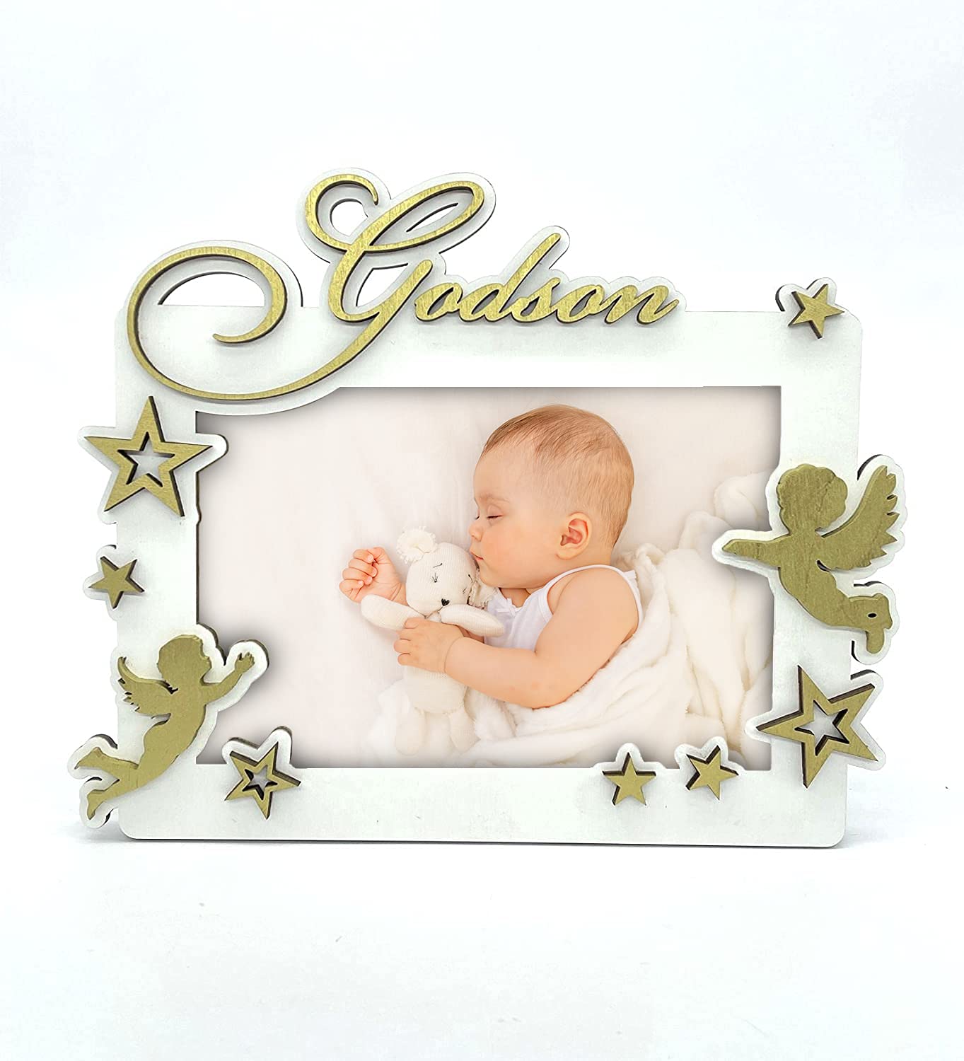 Godson, Personalised Baby Wooden Photo Frame Custom Hand Made for Tabletop or Wall, Decorative Style, Gift idea for Baptism (Gold)