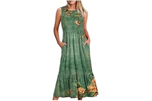 Generic Maxi Dresses for Women 2024 Summer Casual Boho Sundress Printed Sleeveless Fashion Dress Loose Flowy Sundresses
