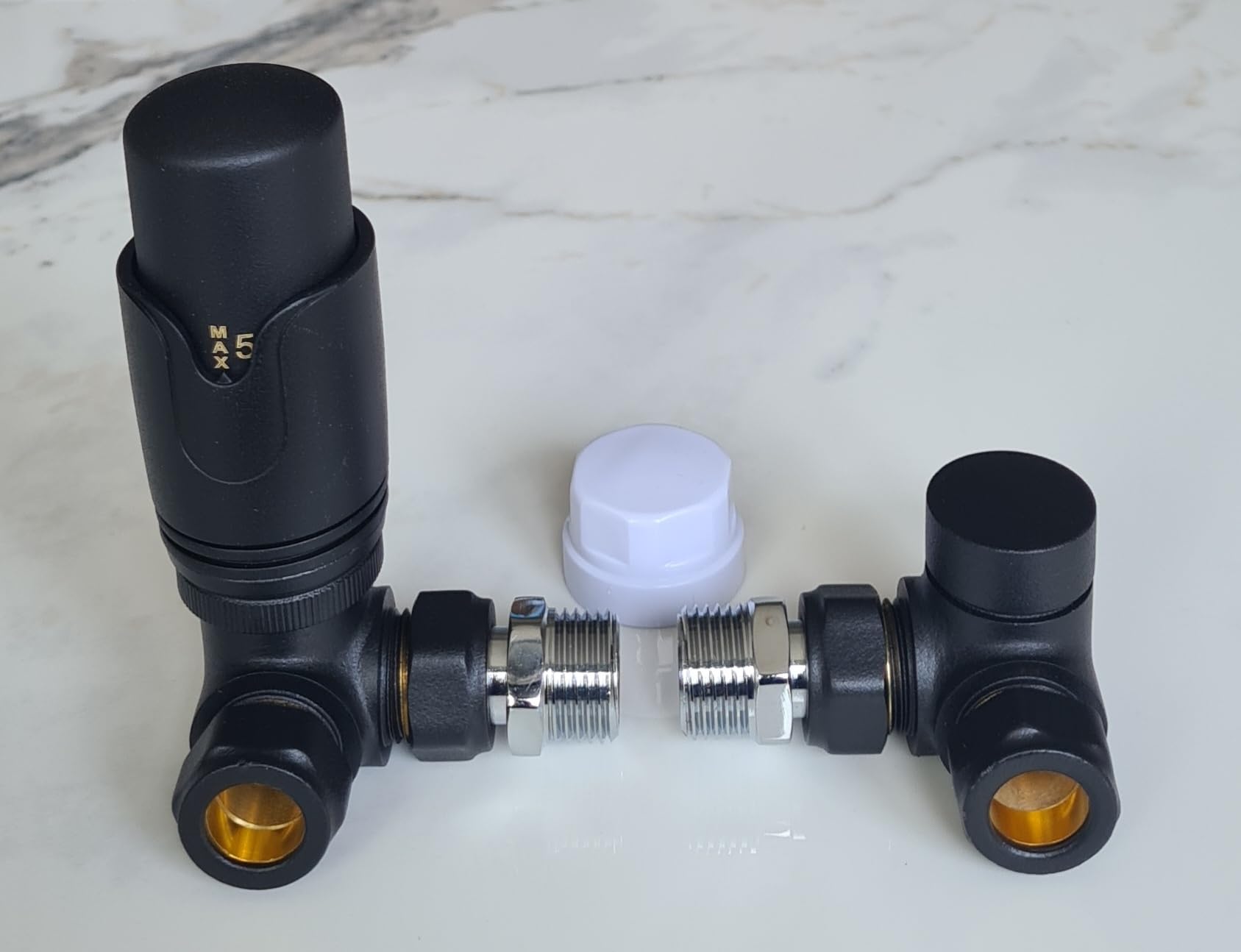 Team Controls Matt Black Corner TRV Thermostatic Radiator Valves Angled Set Pair 15mm x 1/2''