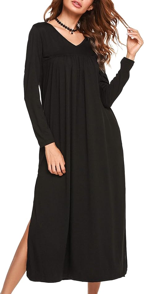 Ekouaer Sleepwear Womens Full Length Nightgown V Neck Long Sleeve Nightshirt Soft Pleated House Dress S Xxl