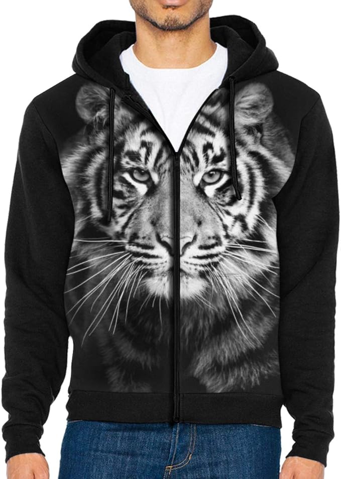 White Tiger Men's Hoodie Full Zip Sweatshirts Pullover Casual Pocket Jacket Clothing