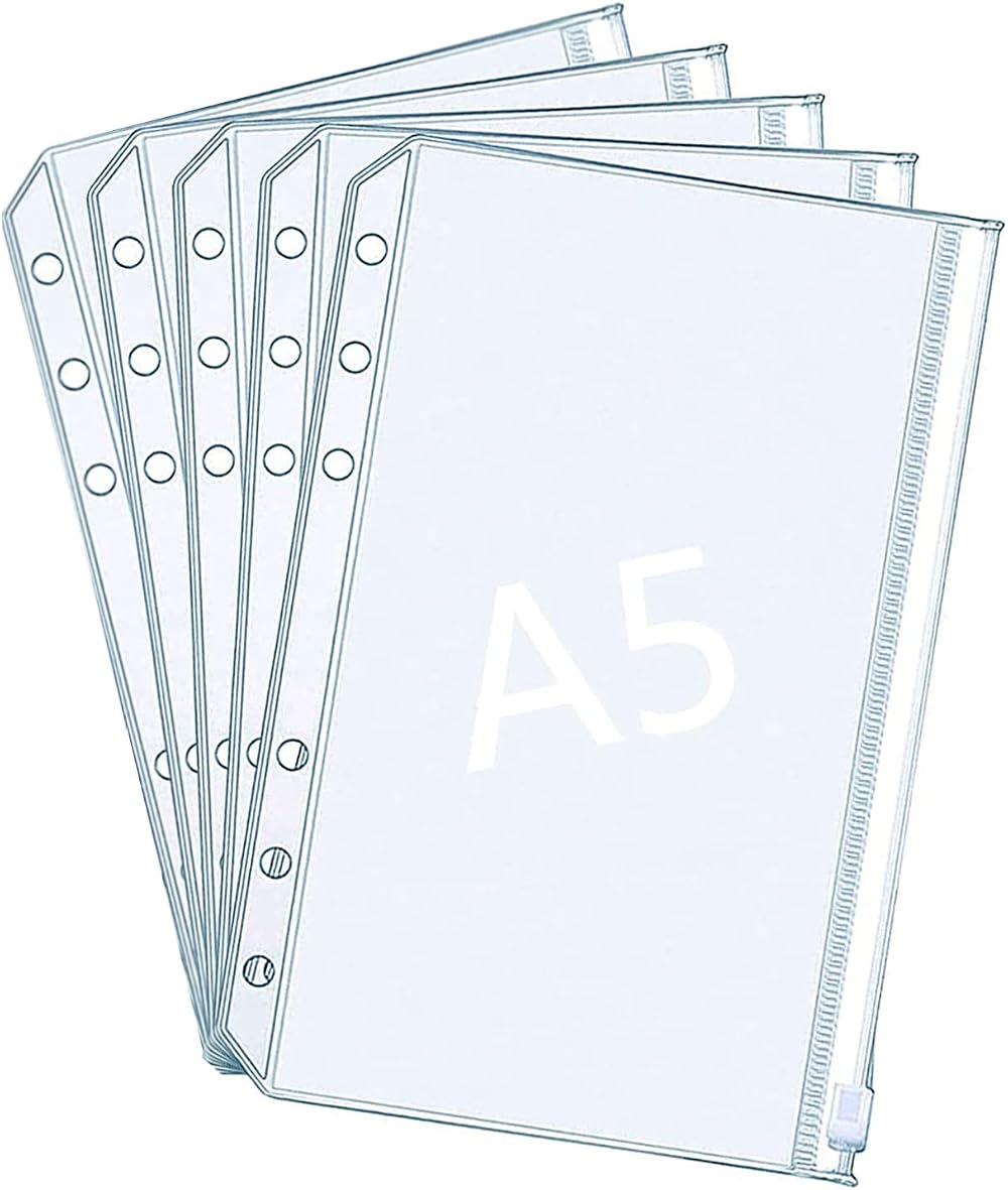 SZXMDKH 5 Pcs A5 Plastic Zipper Budget Binder Pockets 6-Hole Folders