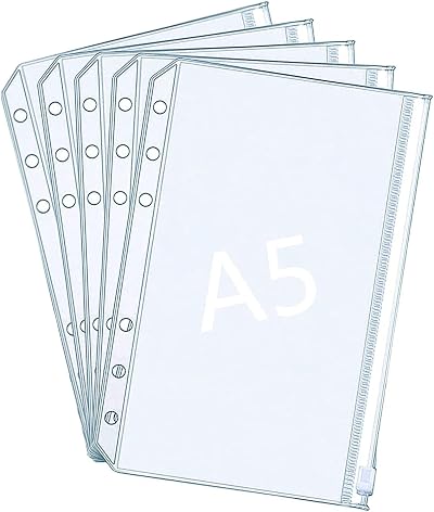 SZXMDKH 5 Pcs A5 Plastic Zipper Budget Binder Pockets 6-Hole Folders