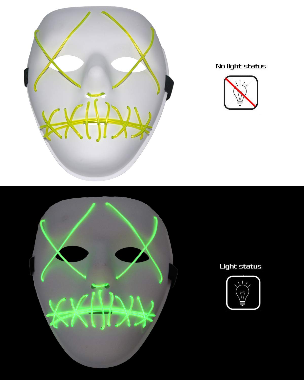 Scary Halloween Mask Cosplay LED Glow Scary EL Wire Light up Grin Masks for Festival Parties Costume (Green)