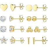 DAILI 8 Pairs 14K Gold Stud Earrings Set, Titanium Surgical Steel Stud Earrings for Multiple Piercing Hypoallergenic Earrings Flower Heart Ball Cubic Zirconia Studs for Women