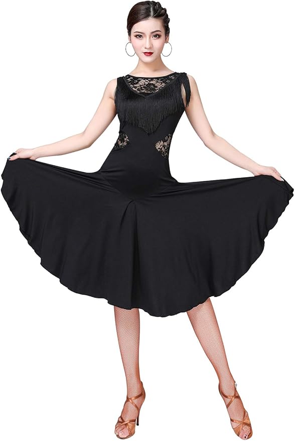 Z&X Ballroom Dance Dresses for Women Competition Fringed Lace Back Long