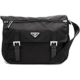 Prada Women’s Black Tessuto Nylon Crossbody Messenger Bag with Saffiano Leather Trim, Zipper & Buckle Closure, Exterior Pockets, Adjustable Strap New