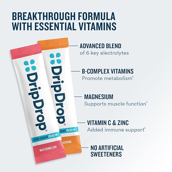 DRIPDROP ZERO SUGAR PLUS – SUGAR FREE HYDRATION PACKETS – SINGLE SERVE ELECTROLYTES POWDER DRINK MIX – RASPBERRY LEMONADE, WATERMELON, TANGERINE, TROPICAL PUNCH – NON-GMO, VEGAN- 8 STICKS