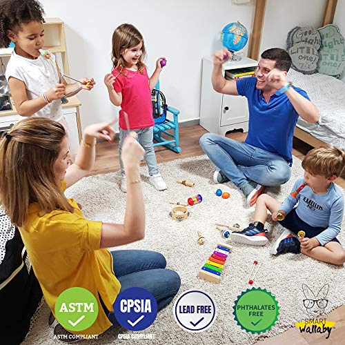 SMART WALLABY 26 pc. Toddler Musical Instruments Set + Bonus Puzzle Matching Game | Wooden Toys Educational Percussion Kit with Xylophone and Storage Backpack. Big Band