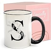 Monogram Ceramic Coffee Mugs, 11 oz Initial Drinking Cup with Gift Box, Unique Birthday Valentines Day Gifts for Women Wife Mothers Day Grandma Mom Aunt, S