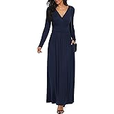 LILBETTER Women Long Sleeve Deep V Neck Loose Plain Long Maxi Casual Dress