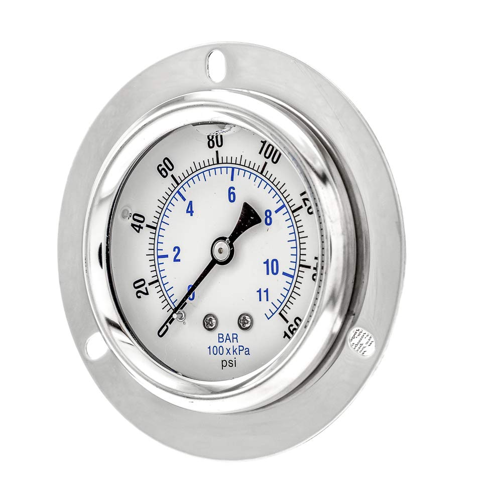 PIC Gauges PRO-204L-254F Panel Mount Front Flanged Glycerin Filled Industrial Pressure Gauge w/ SS Case, Brass Internals, Plastic Lens, 2.5" Dial, 0/160 psi Range, 1/4" Male NPT