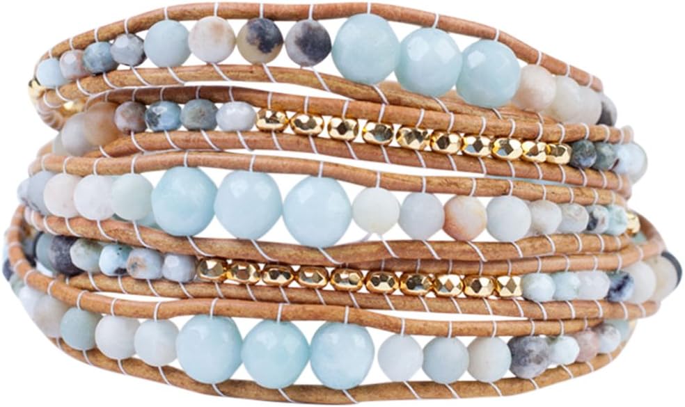 Chan LuuMatte Multi Amazonite Mix of Semi Precious Stones and Nuggets Tan Leather Wrap Bracelet