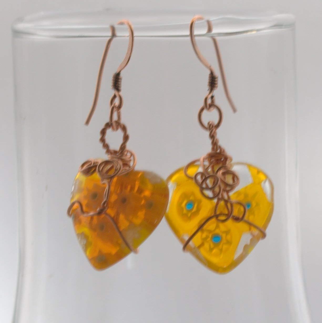Glass Heart Earrings Valentine Gift Wire Wrapped MilleFiori Red Green Yellow Present for Woman
