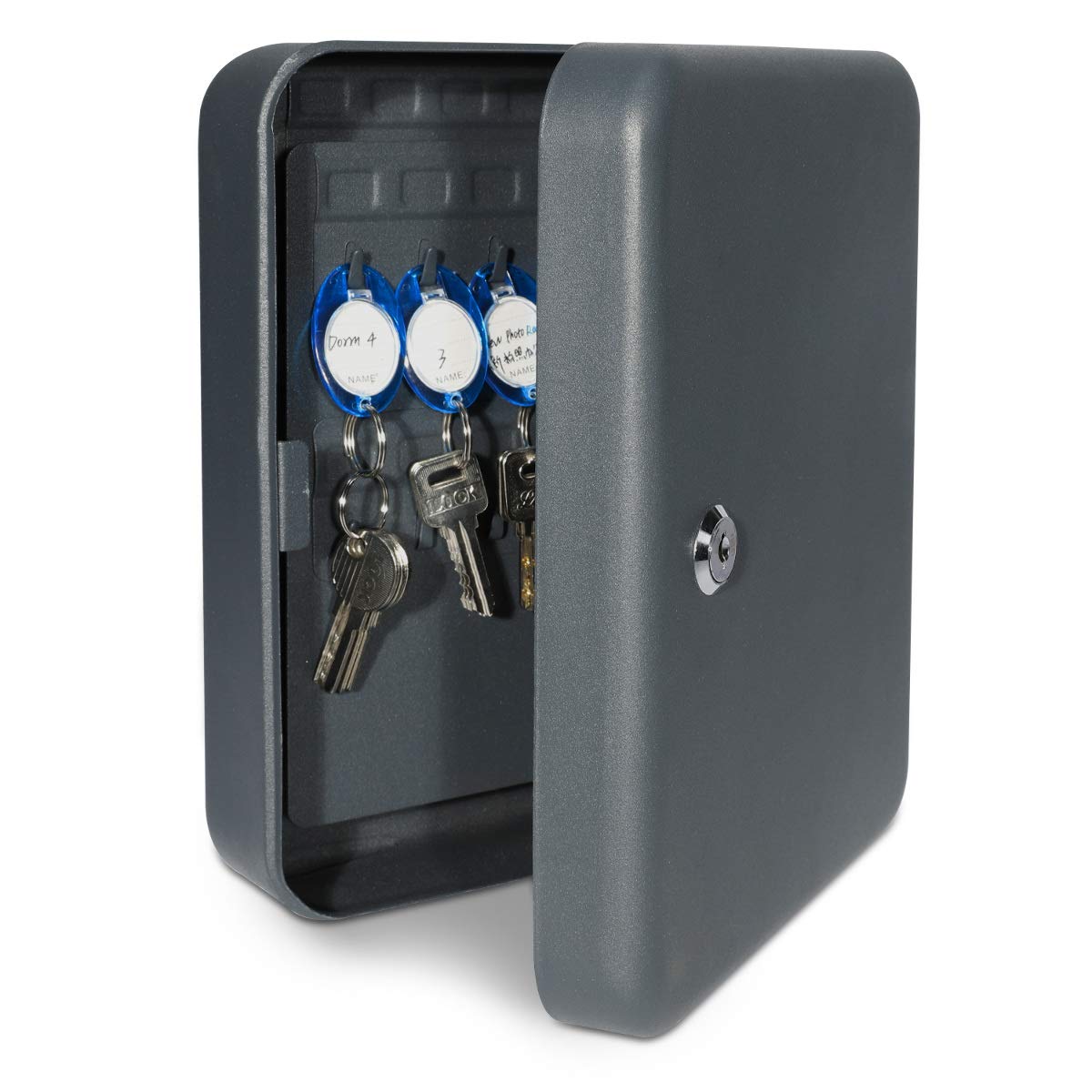 Navaris Key Cabinet for 48 Keys - Wall Mounted Key Box with Hooks to Hang Fobs, Rings, Tags - Locking Metal Safe with Space for Labels - Anthracite