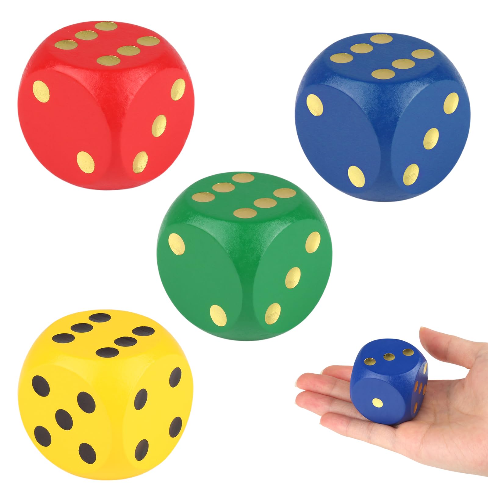 Kigift 4 Pieces Large Dice, Round Edge Giant Dice, Colorful Big Dice, Extra Large Wooden Dice for Family Games, School Games, Educational Toys (Red, Green, Blue, Yellow)