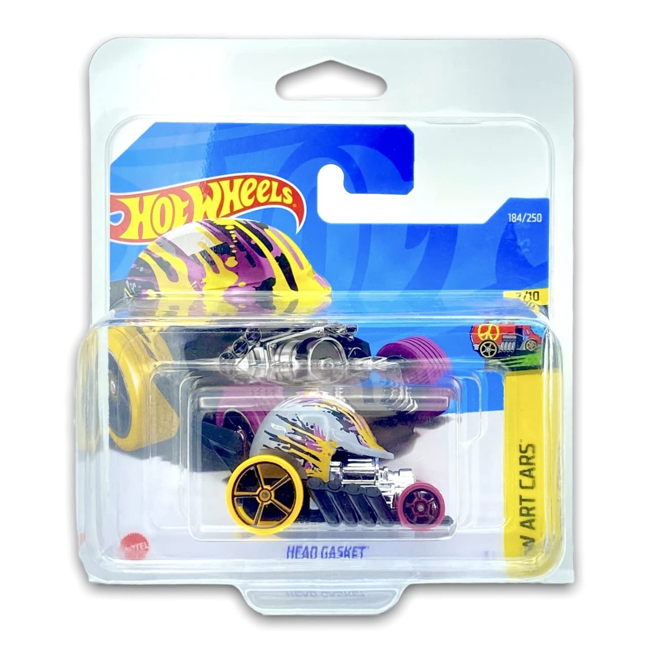Hot Wheels Head Gasket (Grey/Yellow/Purple) 7/10 HW Art Cars 2022-184/250 (Short Card) *** COMES IN A KLAS CAR KEEPER PROTECTIVE COLLECTORS CASE *** HCT83