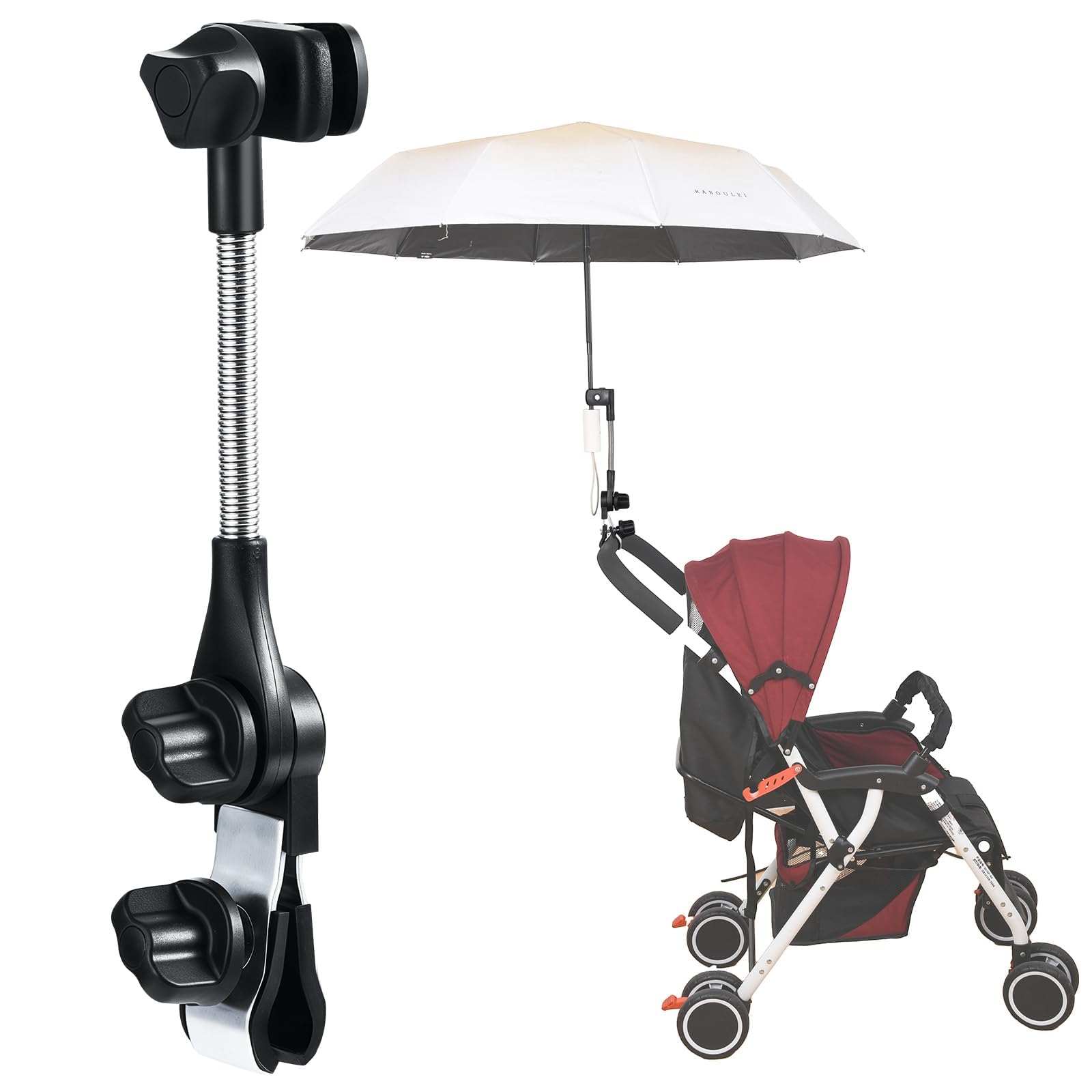 Photo 1 of nediea Umbrella Holder for Stroller, Baby Stroller Umbrella Attachment, Umbrellas Connector Clip to Handlebar, 360 Degree Adjustable Universal Clamp for Golf Cart,Wheelchair, Beach Chair,Fishing