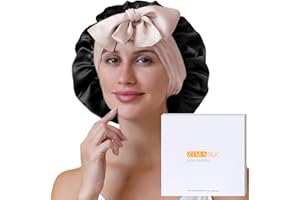 ZIMASILK 100% Mulberry Silk Bonnet for Sleeping Women Long Hair Double Layer Wrap with Tie Band Natural Silk Cap for Hair Care Stay on Head (1Pc, Black + Pink)