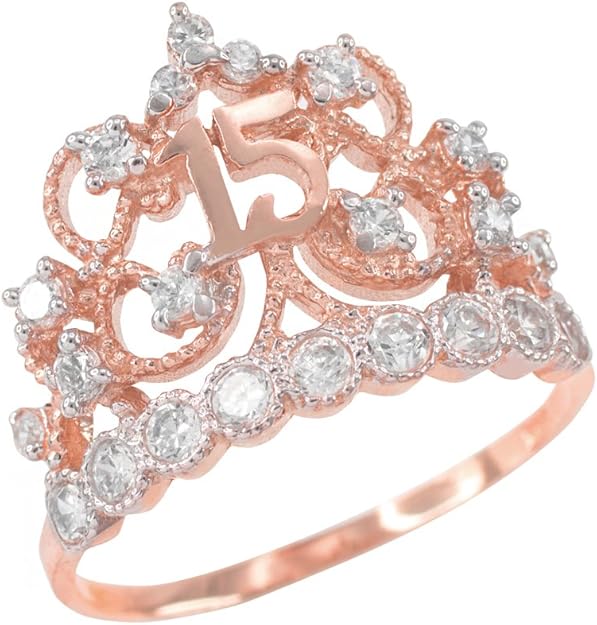 14k Rose Gold CZStudded Crown Sweet 15 Anos Quinceanera Ring (Size 4