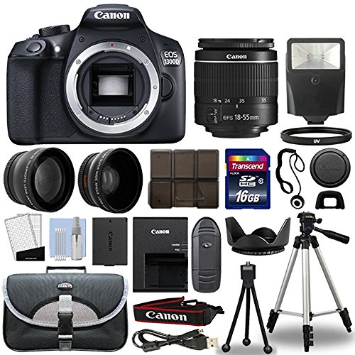 Canon-1300D-Rebel-T6-DSLR-Camera-18-55mm-3-Lens-Kit-16GB-Top-Value-Bundle-2x-Telephoto-Lens-Wide-Angle-Lens-3-Piece-Filter-Kit-Tripod-Lens-Hood-Flash-More-International-Version