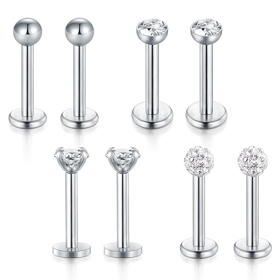 Funseedrr 8er 1.2mm Chirurgenstahl Lippenpiercing Labret Stecker Set 6mm 8mm Silber Tragus Helix Piercing Schmuck