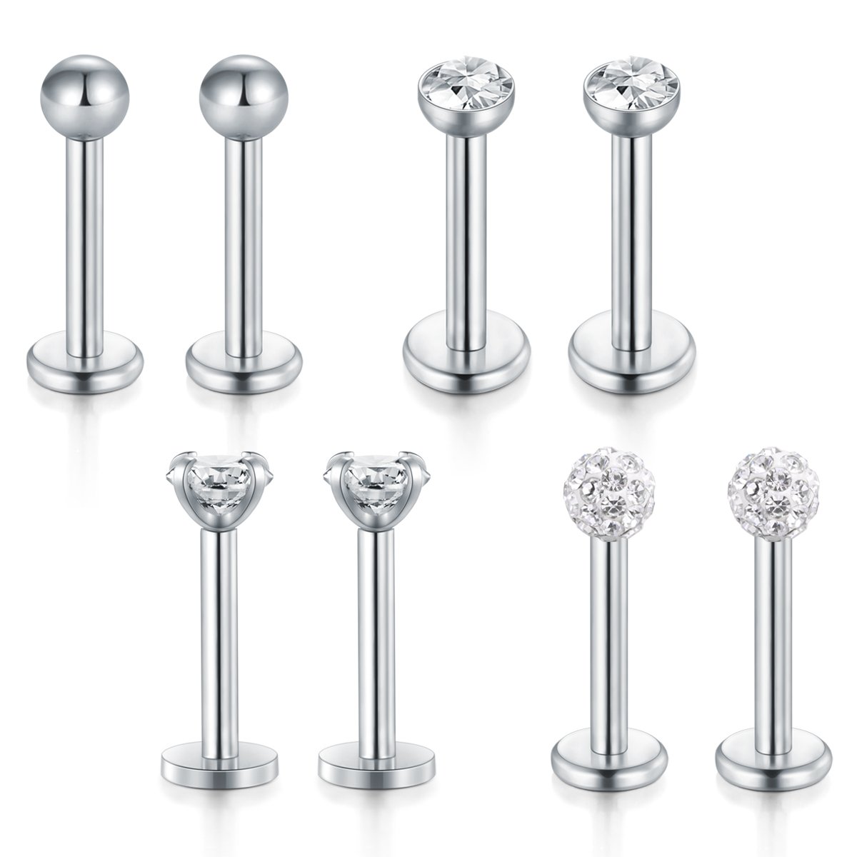 Funseedrr 8pcs 16 Gauge Lip Larbet Stud Piercing Bars Set 6mm 8mm Silver Stainless Steel Tragus Helix Piercing Jewellery