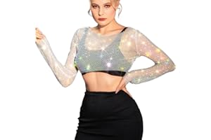 Nicute Mesh Rhinestone Crop Top See Through Crystal Long Sleeve Bodysuit Bikini Tops Sparkly Cover up Shirt Nightclub Party