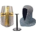 AnNafi® Medieval Crusader Helmet Replica + Aluminium Chainmail Coif V-Neck+ Wooden Helmet Stand | Knight Crusades Costume Templar Reenactment Cosplay | Medieval Costumes Helm Armor SCA LARP Replica