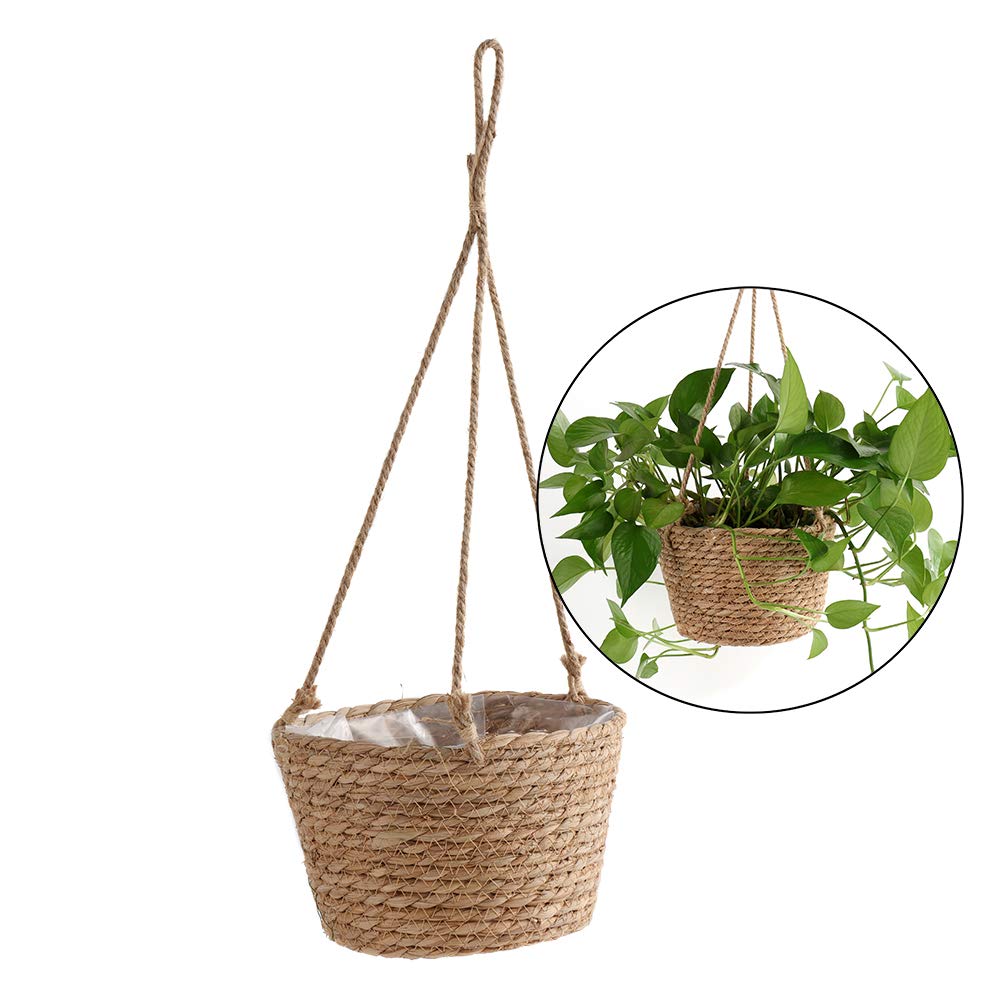 Sangda Hanging Basket Jute Rope Hanging Basket Foldable Seagrass Macrame Basket for Succulent Plants Indoor Outdoor Decor