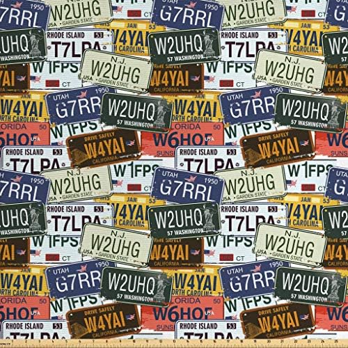 Ambesonne Vintage Fabric by The Yard, Original Retro Style License Plates Personalized Creative Travel Vacation, Decorative Fabric for Upholstery and Home Accents, 3 Yards, Green Blue Yellow