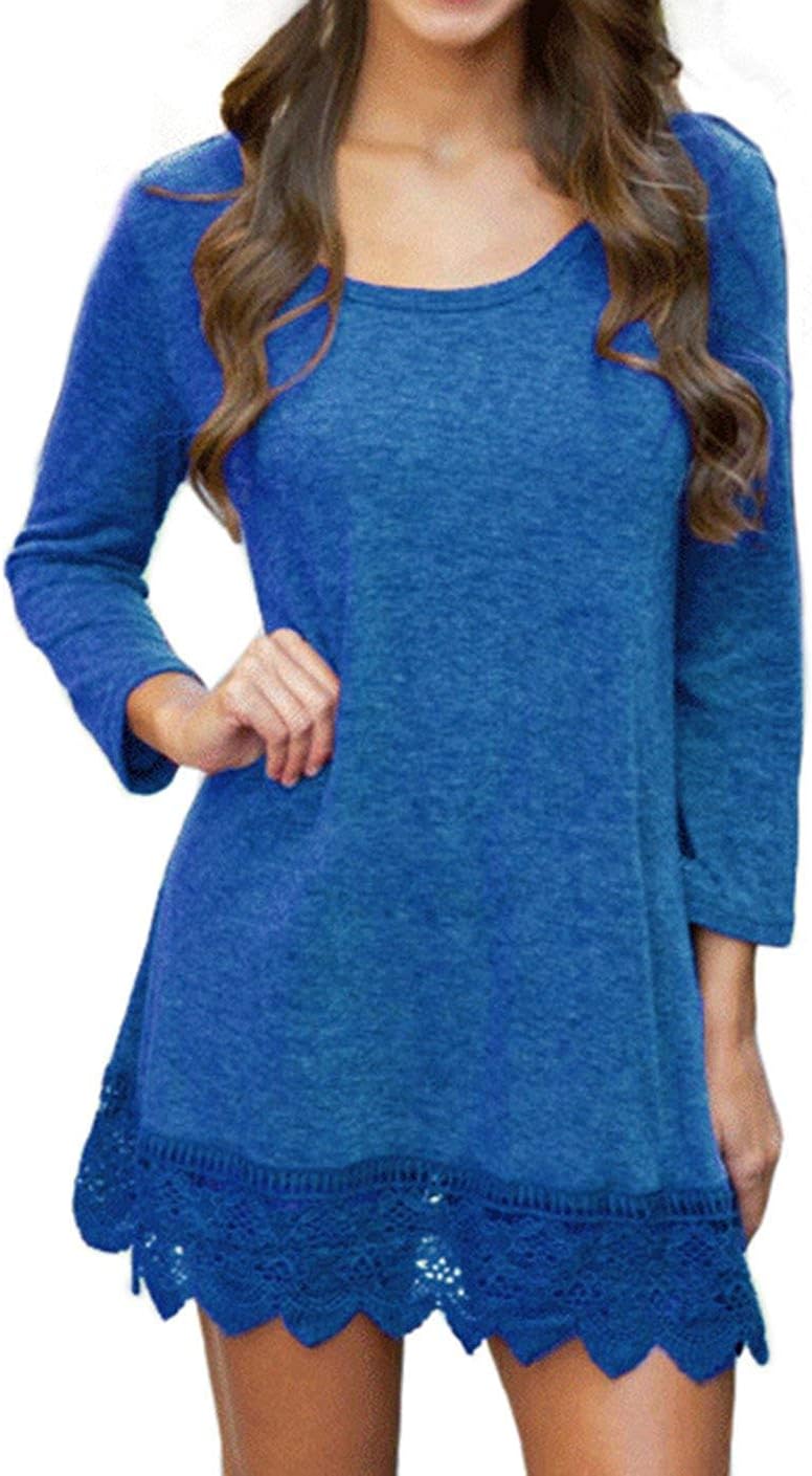 POZON Women's Long Sleeve Tunic Lace Stitching Trim Casual Dress (S, Blue)