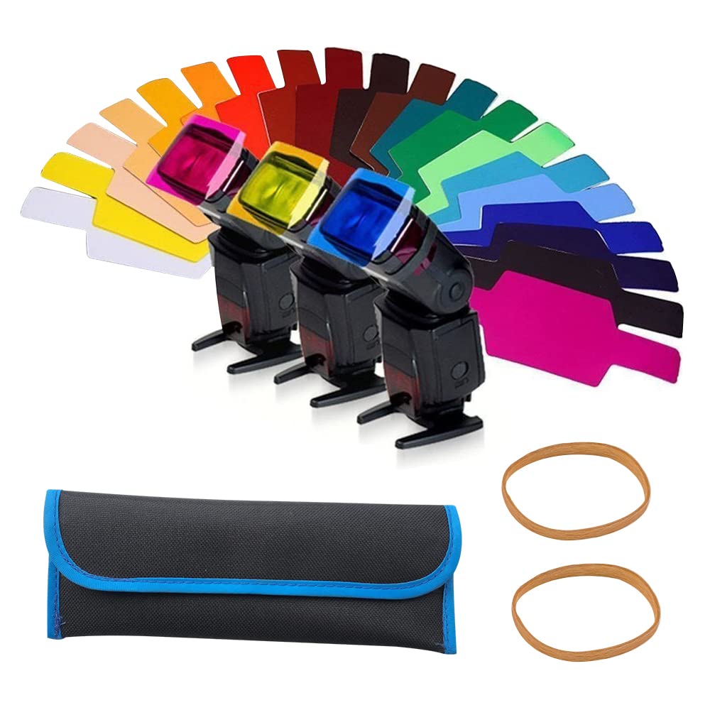 STCRERAG Flash Gels Filter, 20pcs Colored Flash Gels with 2 Rubber Bands and Bag, for LED Video Light Camera (15 * 6cm)