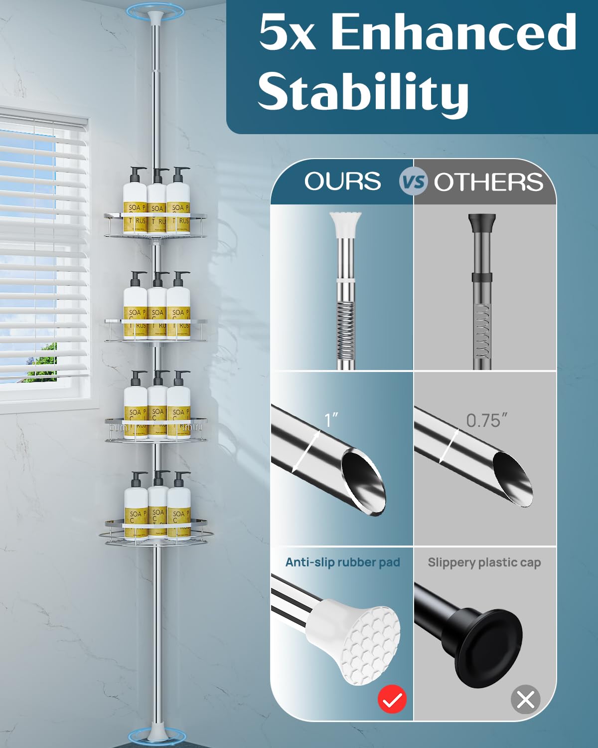 SEIRIONE Organizador de esquina de ducha inoxidable para baño, 4 estantes ajustables con poste de tensión, para bañera, champú, accesorios de almacenamiento, 34 a 116 pulgadas de altura