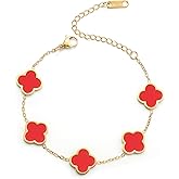 AIPPK 18K Gold Plated Clover Lucky Bracelet for Women White/Black/Red/Green Flower Four Leaf Link Bracelets Trendy Jewelry Gifts for Women