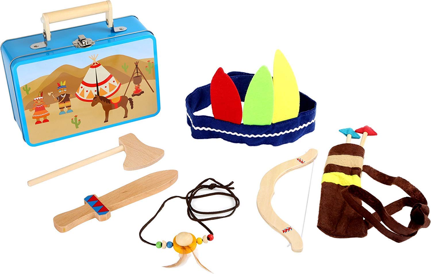 small foot 3922 Childrens playset Indian Wild West in suitcase, with axe, knife, arrow, bow, headgear and Indian chain
