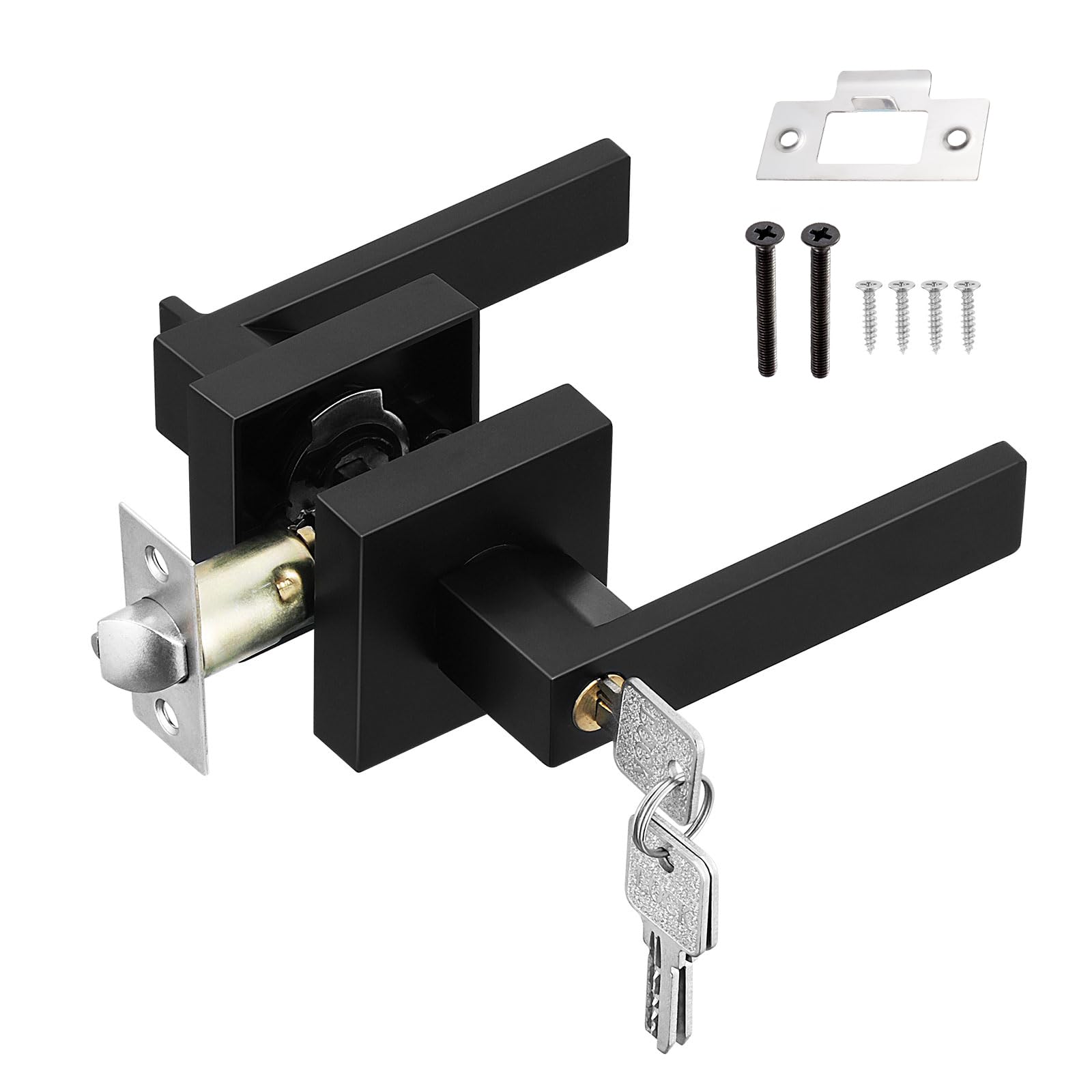 HSEAMALL Door Lever Handle Lock,Black Interior Door Handle with Lock and Key Square Entry Door Handle for Bedroom Office Left or Right Handing