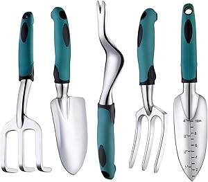 FANHAO Garden Tools Set, 5 Piece Heavy Duty Gardening Tools Cast Aluminum with Soft Rubberized Non-Slip Handle, Durable Garden Hand Tools Garden Gifts for Men Women