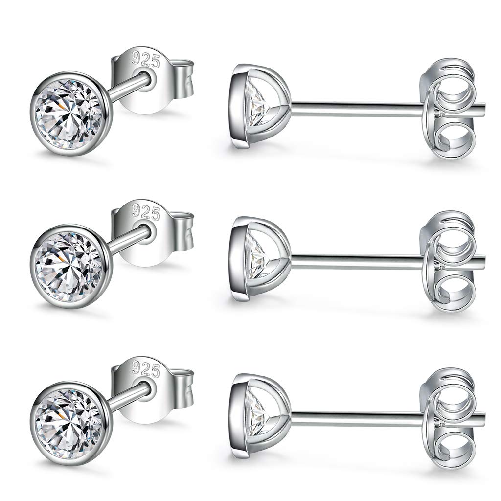 CERSLIMO Silver Stud Earrings for Women Men Girls, 3 Pairs Sterling Silver Tiny Round Stud Earrings Small Dainty Cartilage Tragus Cubic Zirconia Earrings Set (4mm, Silver)