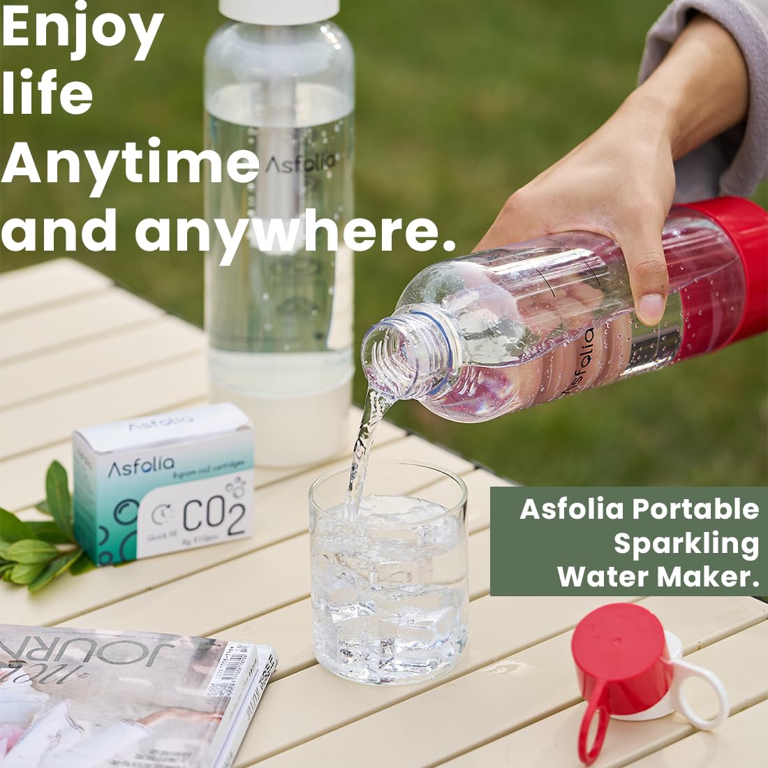 Asfolia Portable Sparkling Water Maker - Travel Soda Maker for Home & Outdoor, 1L Carbonating Bottle, 10 pcs CO2 Cylinders, Compact Carbonated Water Machine for Flavored Drinks, Soda Machine (White)