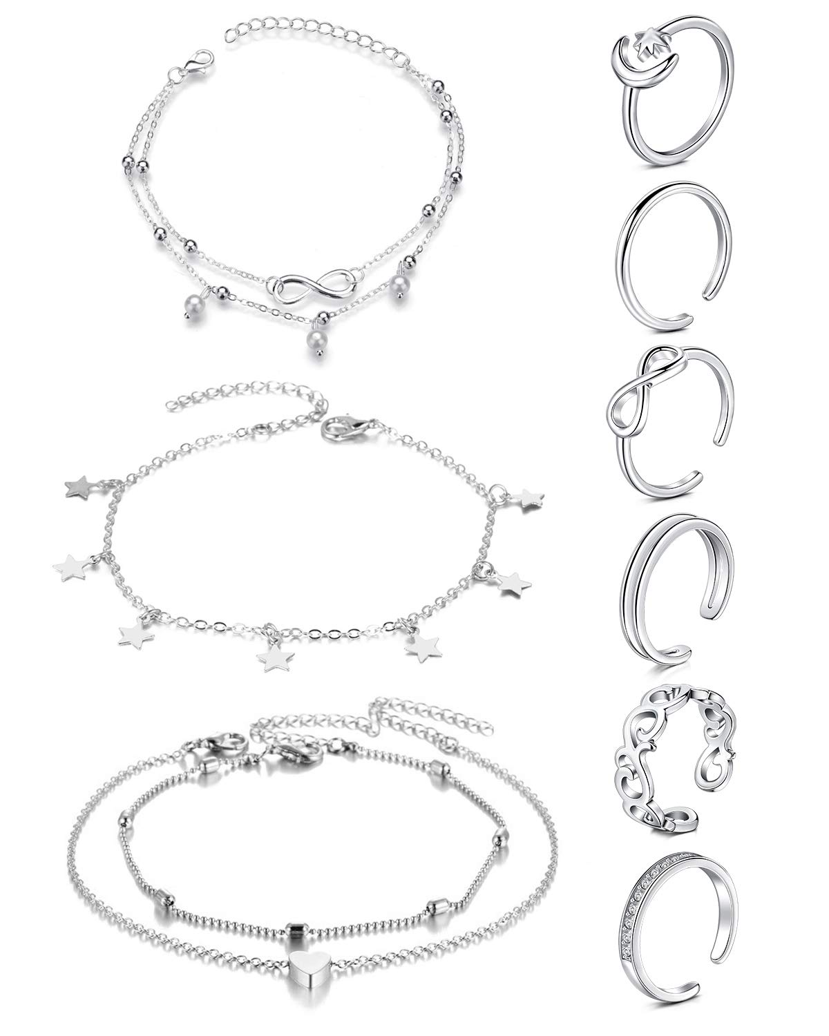 JFORYOU 9Pcs Toe Rings and Anklets Set for Women 316L Stainless Steel Silver Adjustable Toe Rings Double Layer Heart Infinity Star Anklet Foot Jewellery
