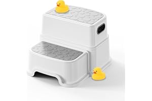 UNCLE WU Two Step Stool for Kids – Non-Slip Toddler Step Stool for Bathroom Sink & Potty Training, Dual Height 9.5”, Safe & Sturdy for Kitchen, Bedroom & Classroom (Includes Two Ducks)