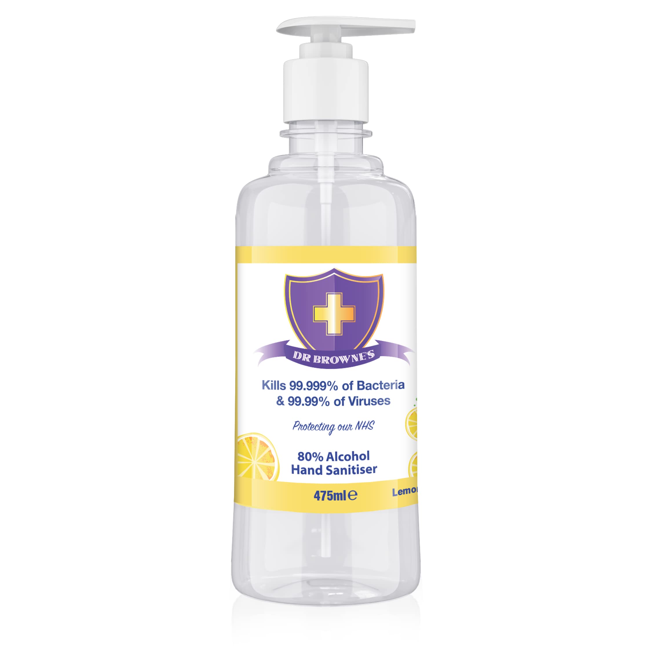 BCB Hand Sanitiser 475ml - 80% Alcohol Denat Hand Gel - Lemon scented – Pump lid - Made in UK, Kills 99.9% of All Germs