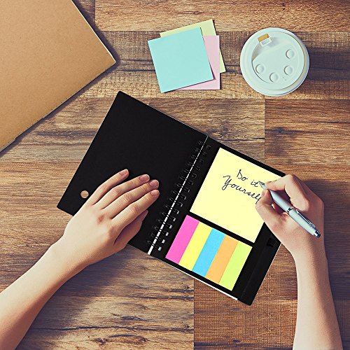 Coopay 4 Pack Spiral Notebook Journal Notepad with Pen in Holder and Sticky Notes, Page Marker Colored Index Tabs Flags (Black and Brown Cover)