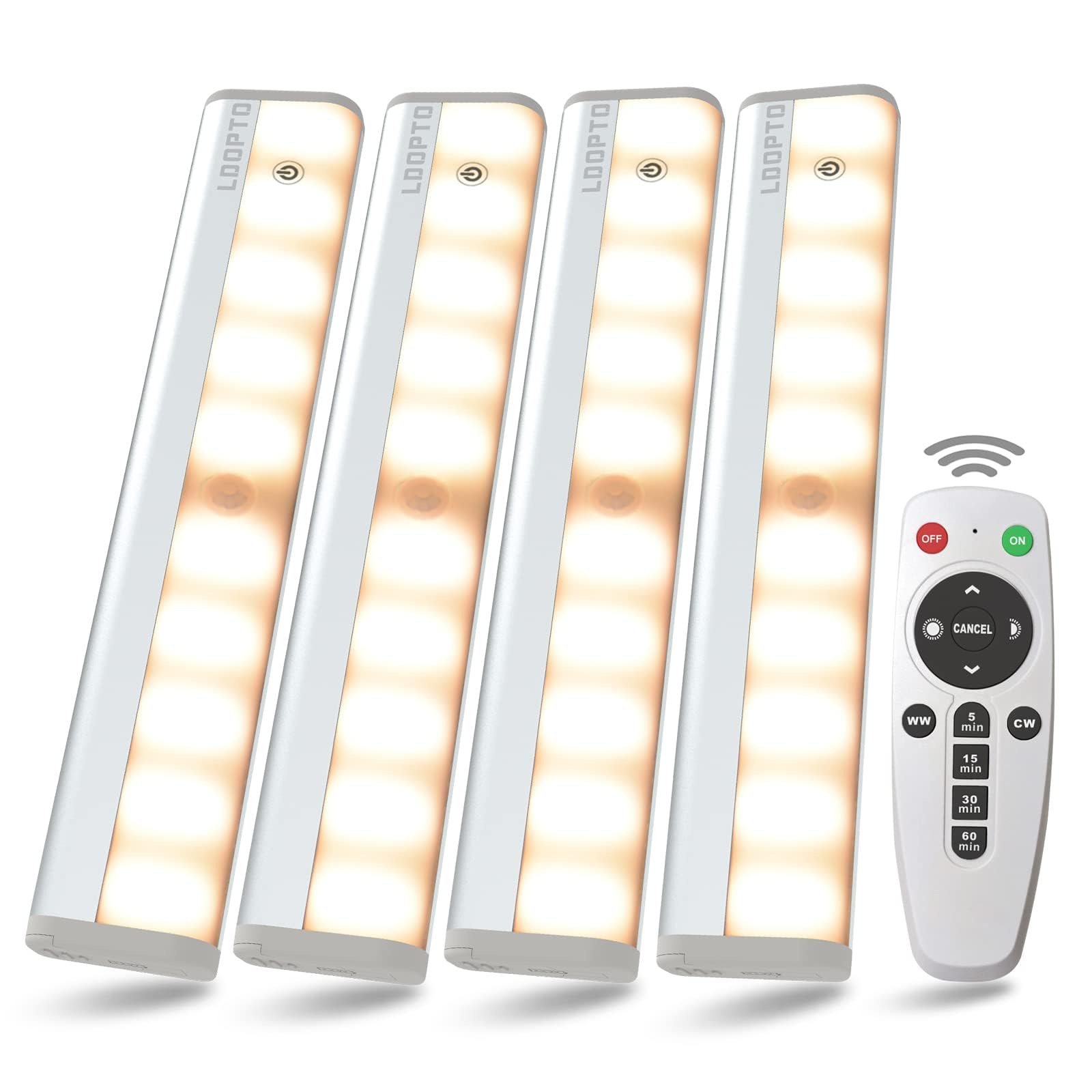 Photo 1 of LDOPTO Motion Sensor Under Cabinet Lights with Remote 4 Pack, Dimmable Battery Operated Closet Lighting, LED Night Lights Indoor for Kitchen Hallway Stairway, tunable 3 Colors with timers