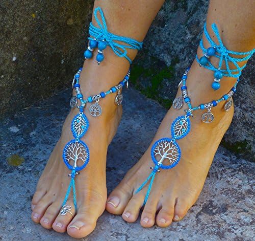 Turquoise Tree of Life Barefoot Sandals, Hippie Crochet Foot jewelry, Barefoot Wedding Sandals